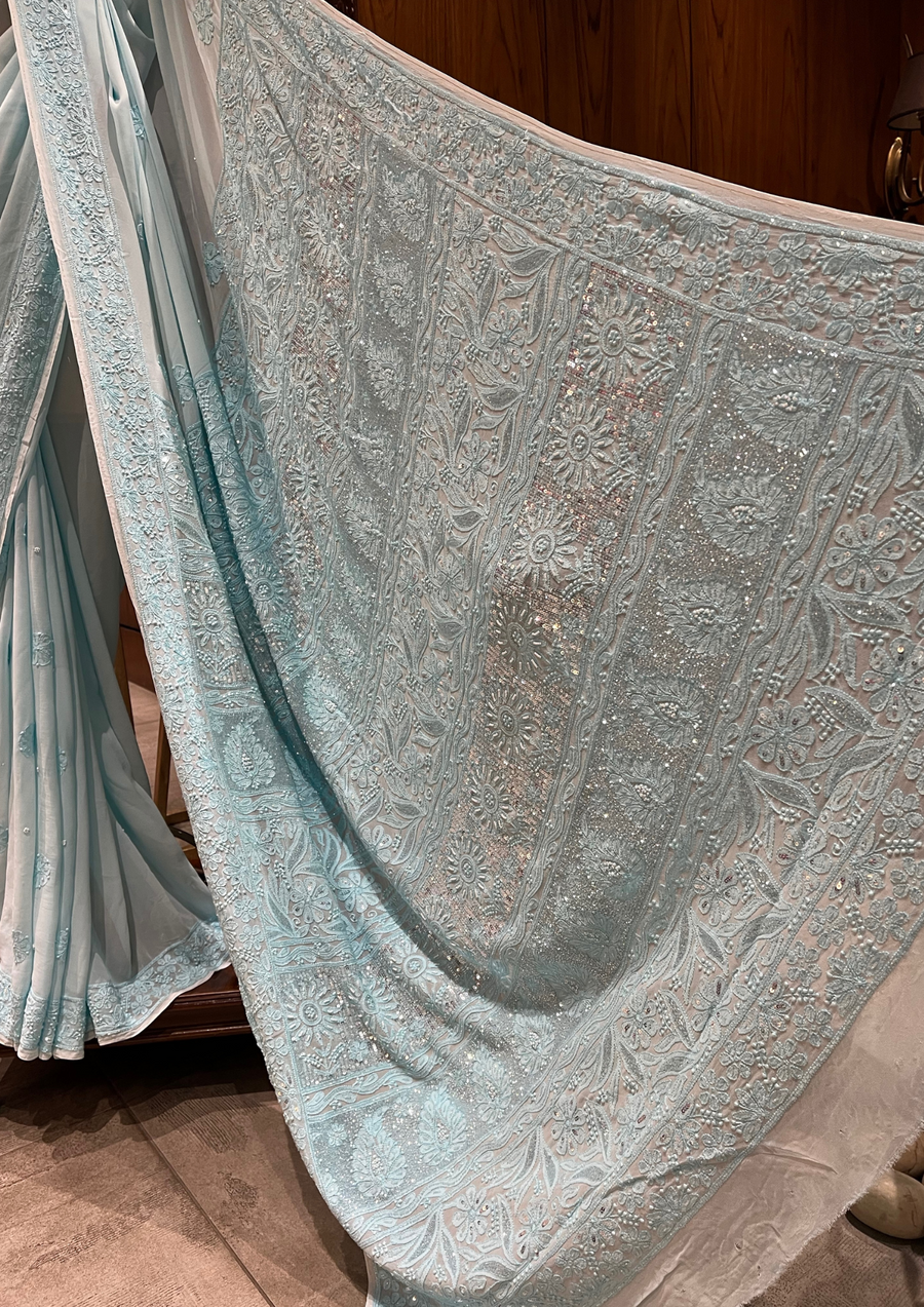 Chikankari Viscose Saree - Aqua Blue
