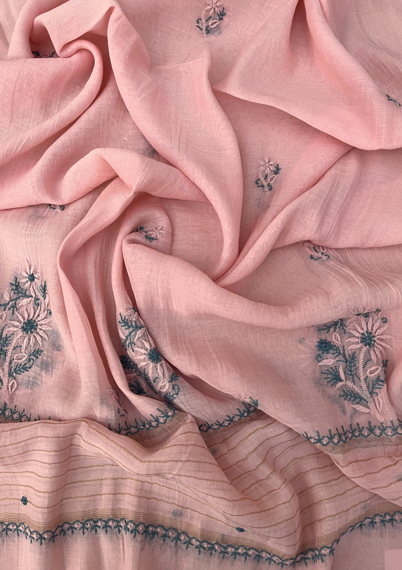 Chikankari Mul Chanderi Unstitched 2Pc Suit - Baby Pink