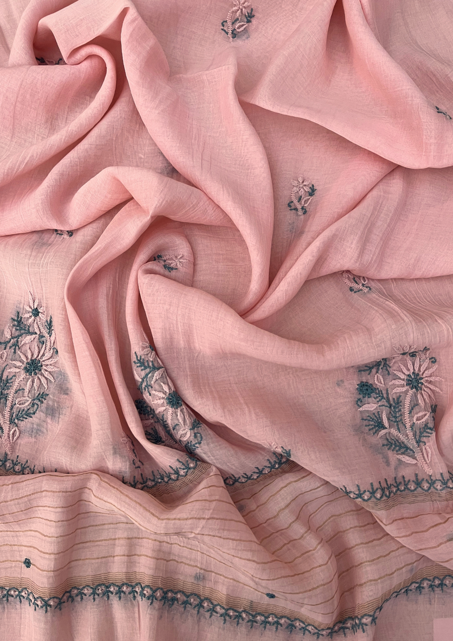 Chikankari Mul Chanderi Unstitched 2Pc Suit - Baby Pink