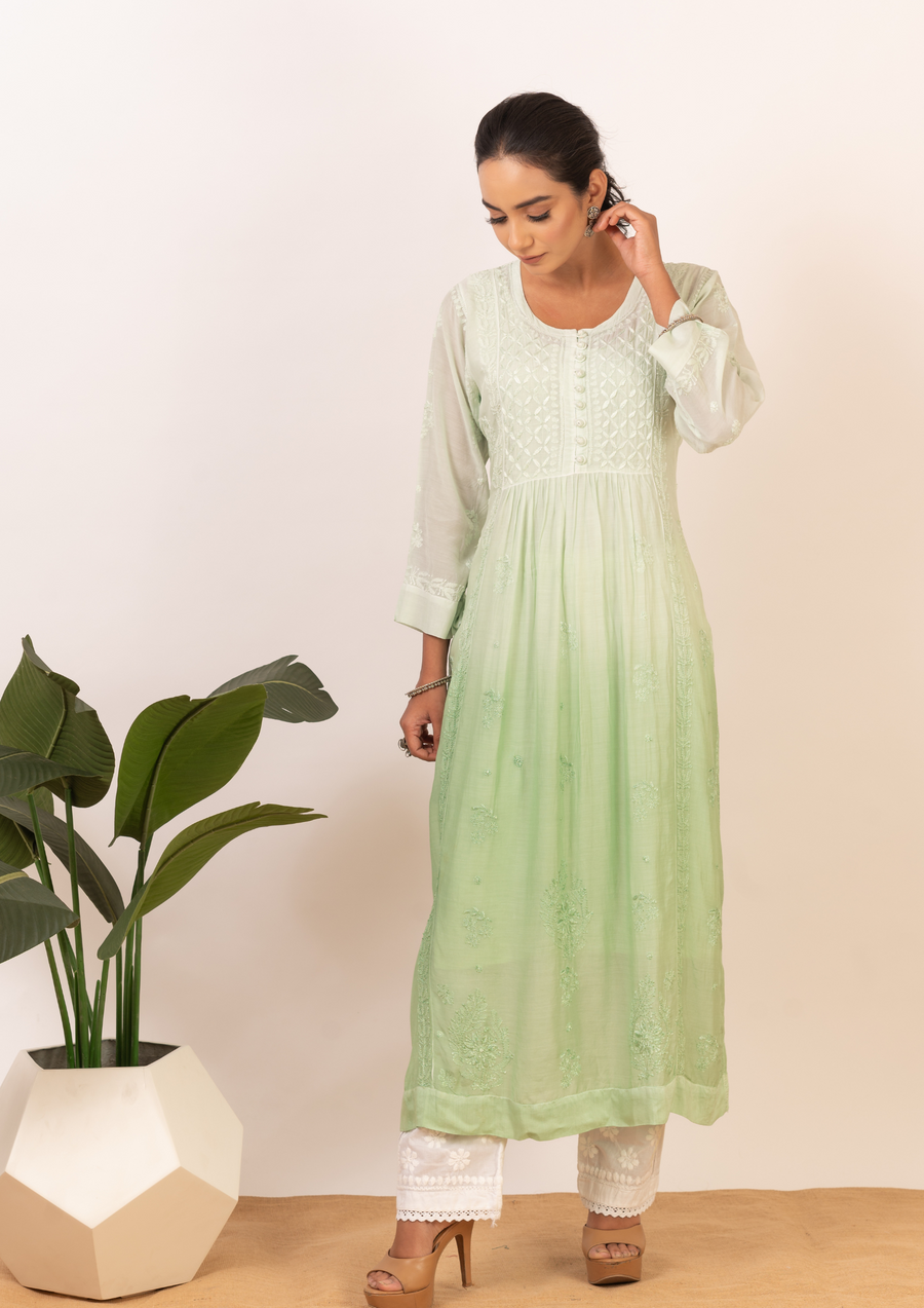 Muslin chikankari long kurta - ombre green