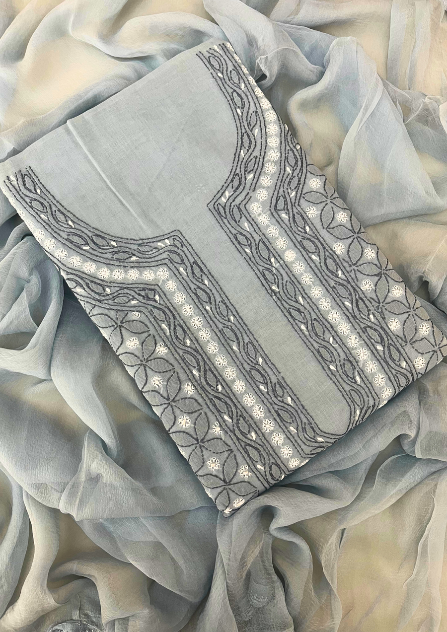 Cotton Chikankari Unstitched Suit - Grey