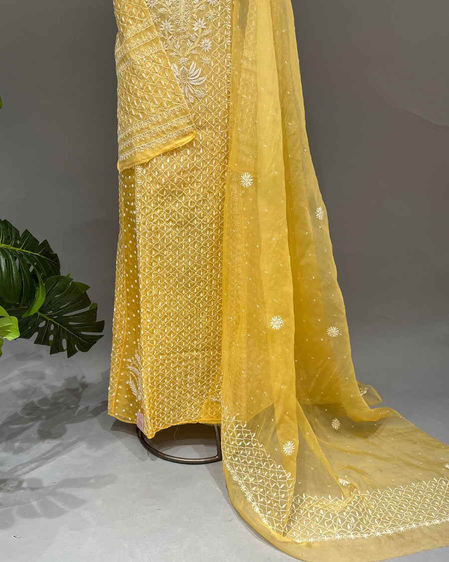 Organza Chikankari Unstitch 2pc Anarkali- Sunlight Yellow Ombre