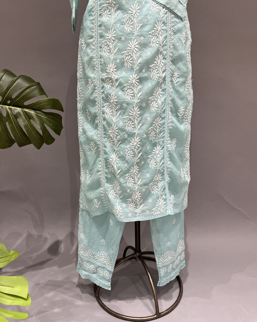 Chanderi Chikankari Co-ord Set - Pale Torquoise