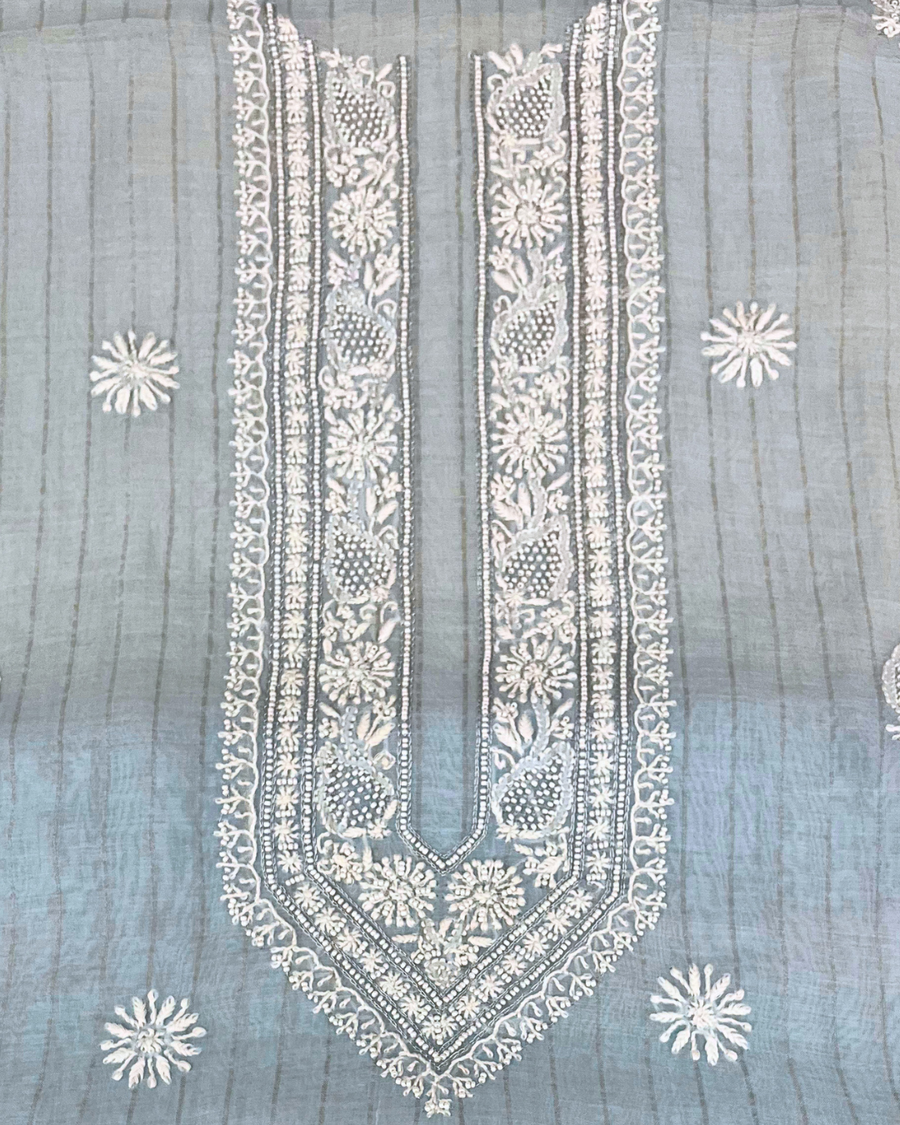Mul Chanderi Chikankari Unstitched Mens Kurta - Powder Blue