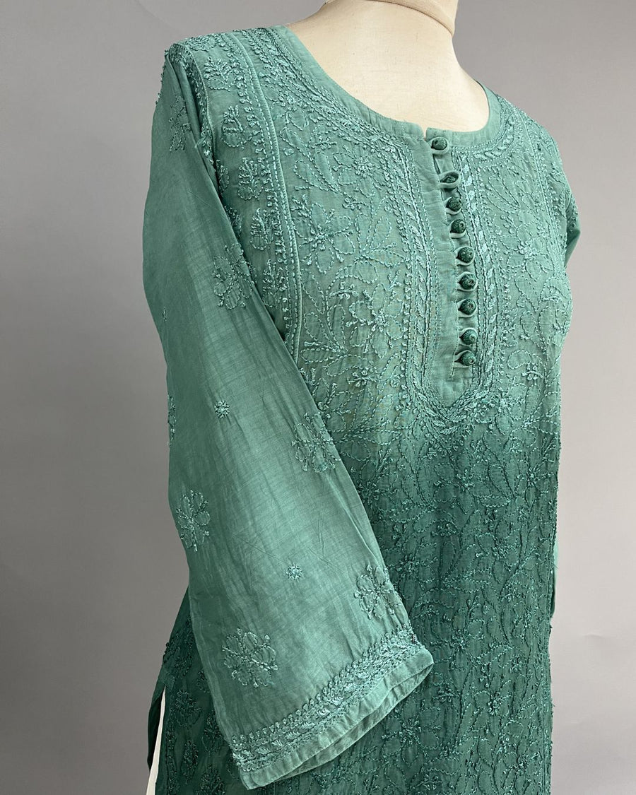 Muslin Chikankari Short Kurti - Teal Green