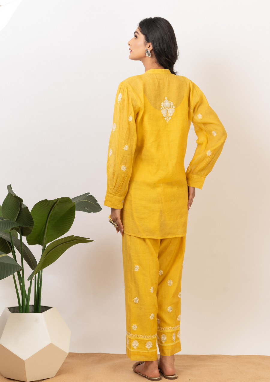 Tissue Chanderi chikankari coord set - radiant yellow