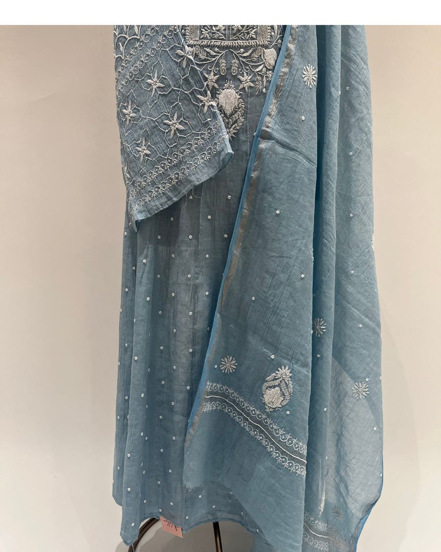 Tissue Chikankari Unstitched Anarkali - Cornflower Blue
