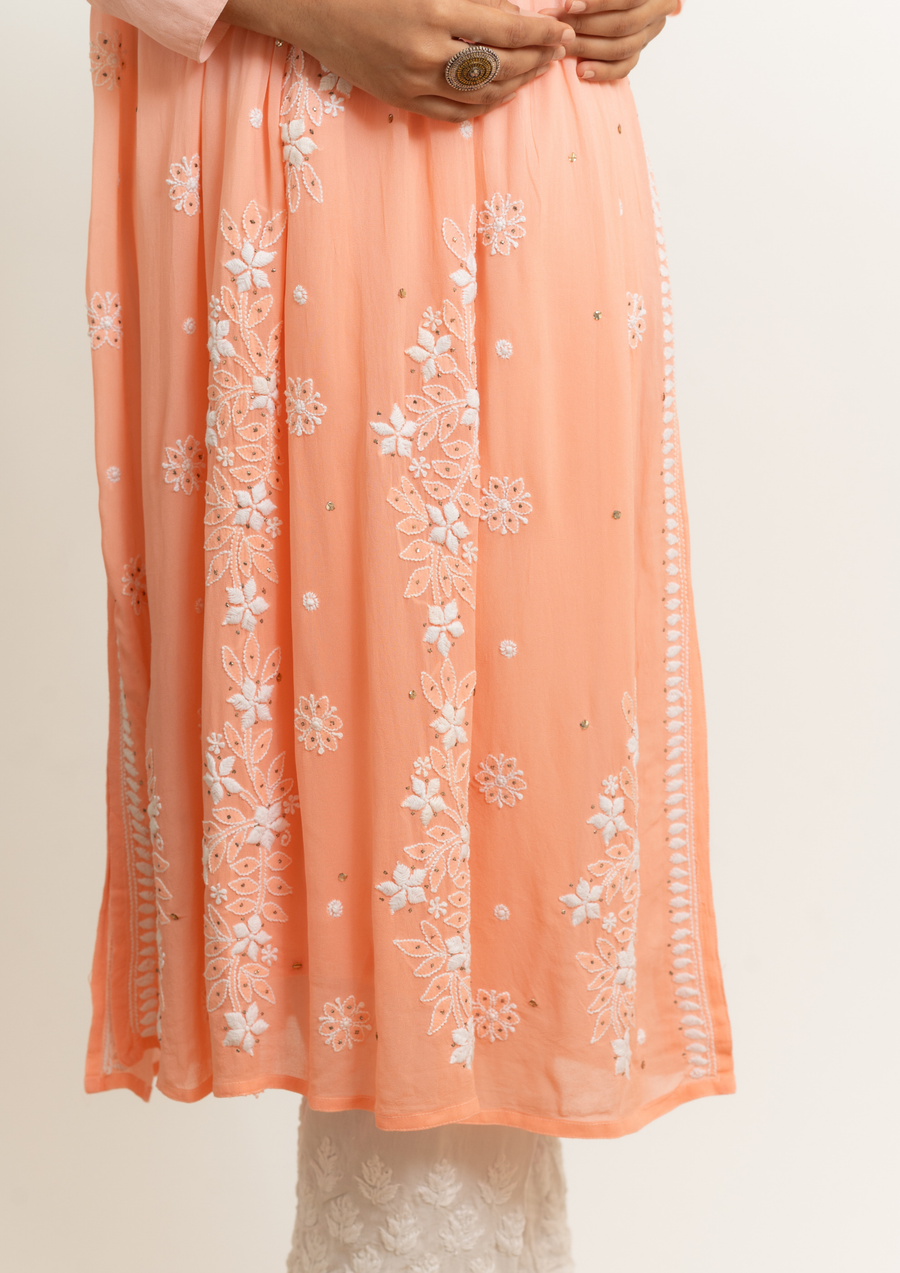 Georgette Chikankari Straight Kurta - Tropical Peach