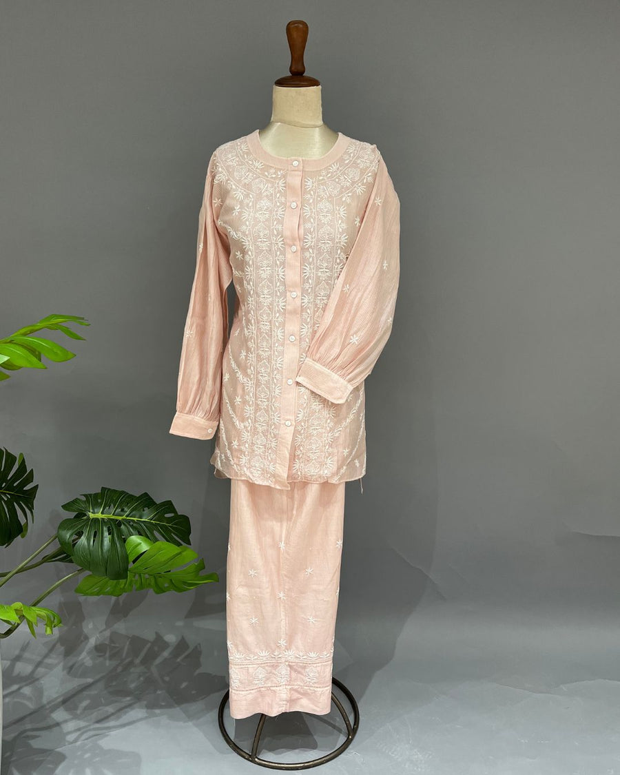 Maheshwari Chanderi Chikankari Co ord Set - Dusty Pink