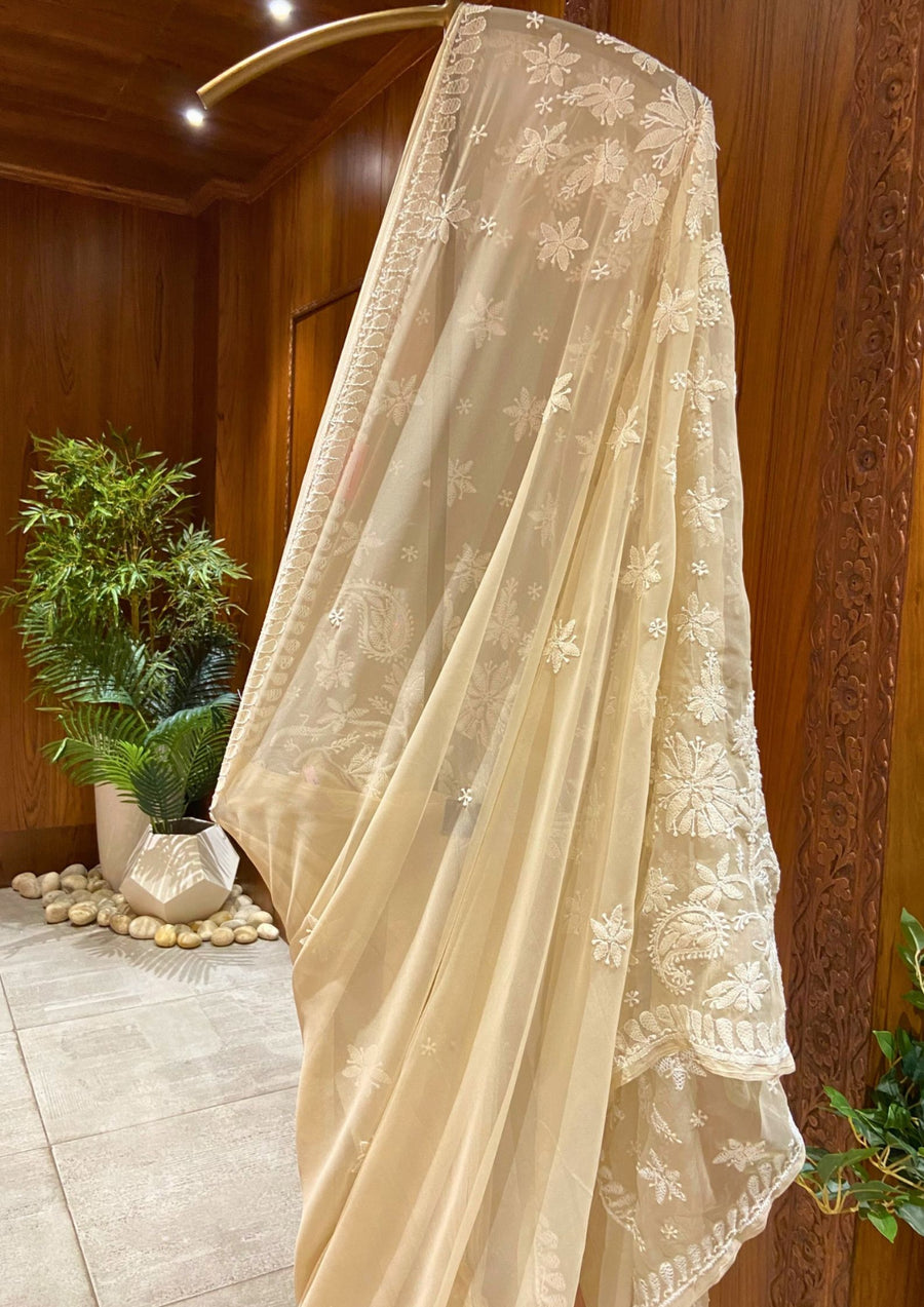 Chikan Saree Georgette - Beige