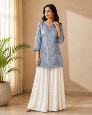 Chanderi Chikankari Short Kurti - Cerulean Blue