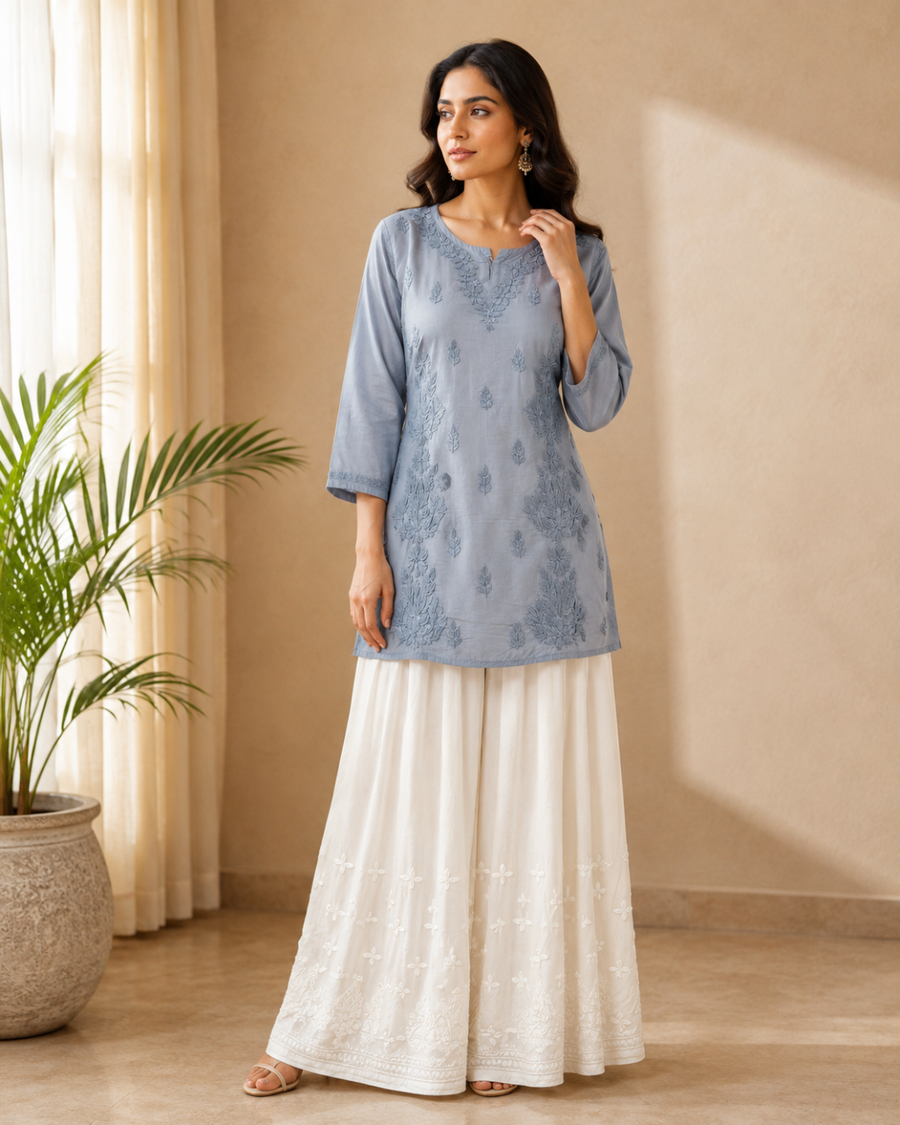 Chanderi Chikankari Short Kurti - Cerulean Blue