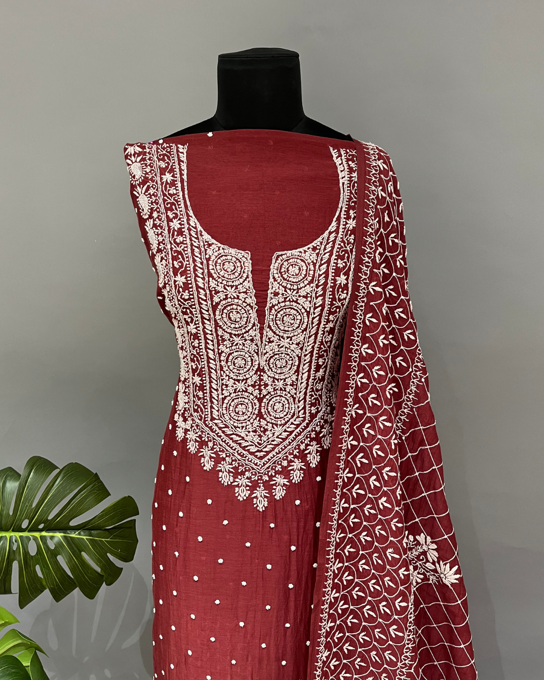 Mul Chanderi Chikankari Suit Set - Rust