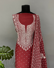 Mul Chanderi Chikankari Suit Set - Rust