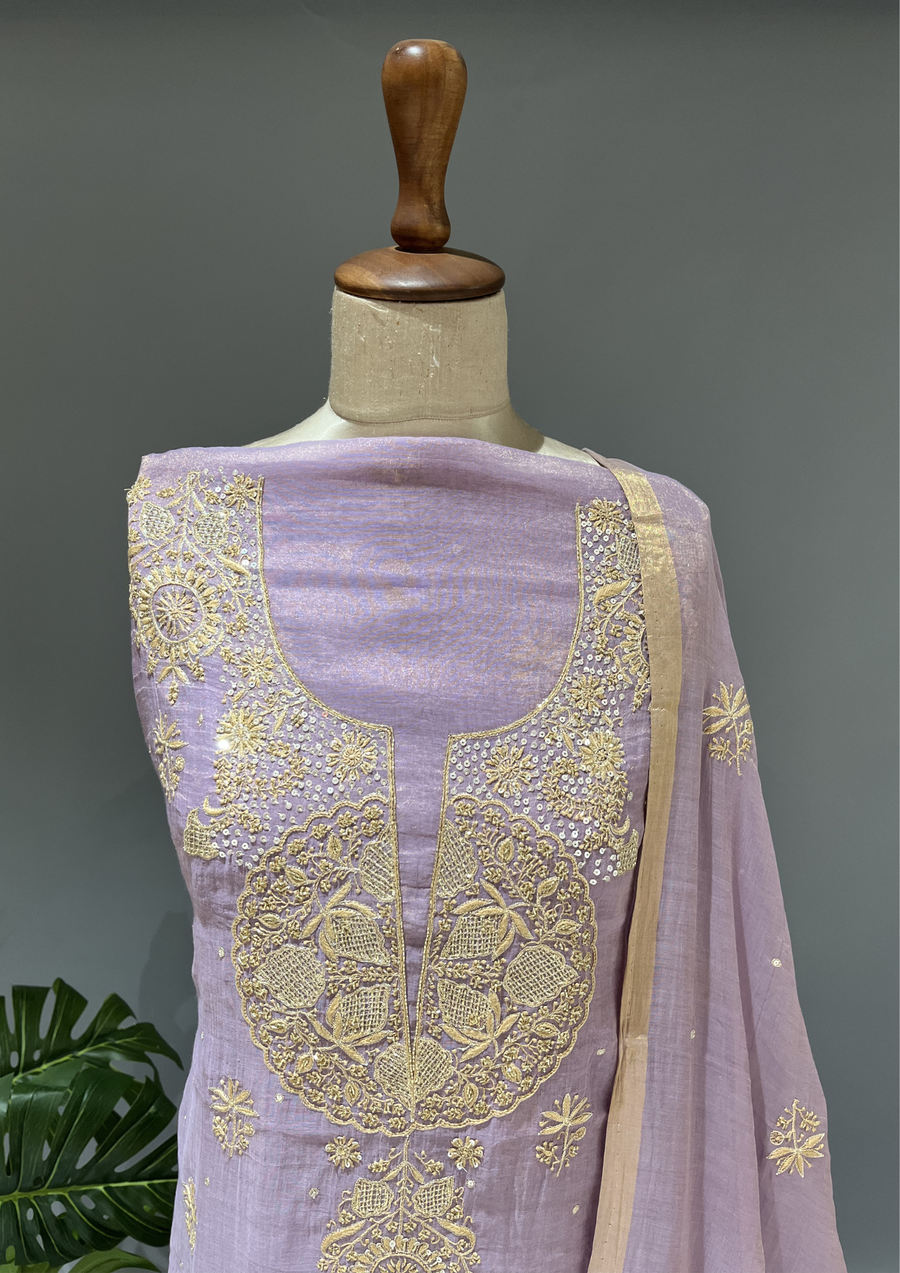 Chikankari Tissue Unstitched Kurta & Dupatta Set - Moonlight Mauve