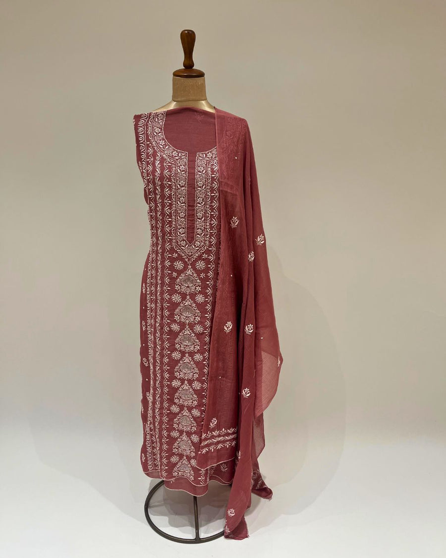 Mul Chikankari Unstitched 2pc Suit - Burnt Sienna