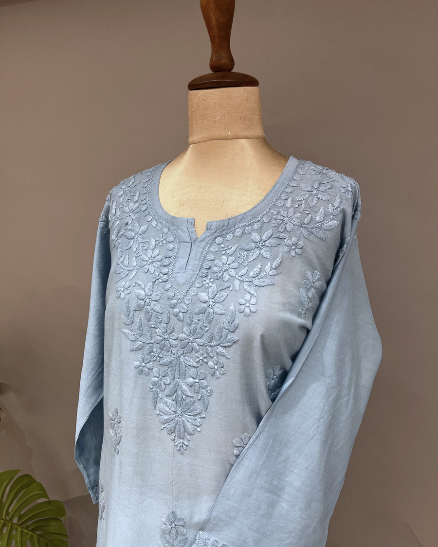 Chanderi Chikankari Short Kurti - Cornflower Blue
