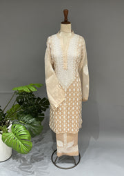 Organza Chikankari Semi Stitch Co-ord Set - Coffee Latte