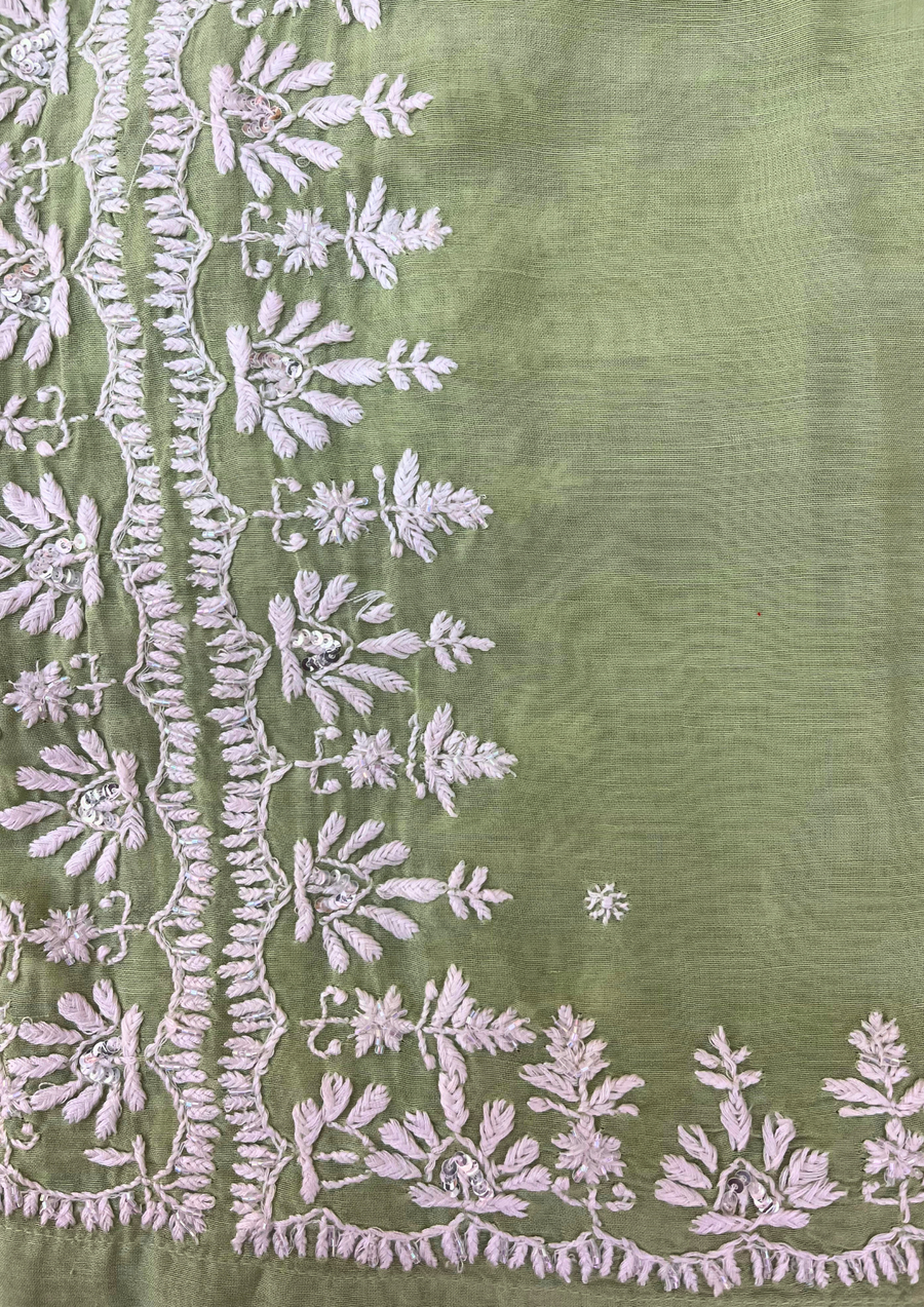 Chikankari Semistitched Mul Chanderi Co-ord Set - Sage Green