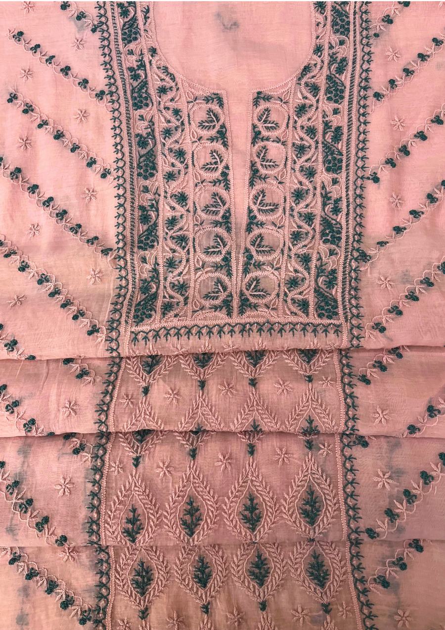Chikankari Mul Chanderi Unstitched 2Pc Suit - Baby Pink