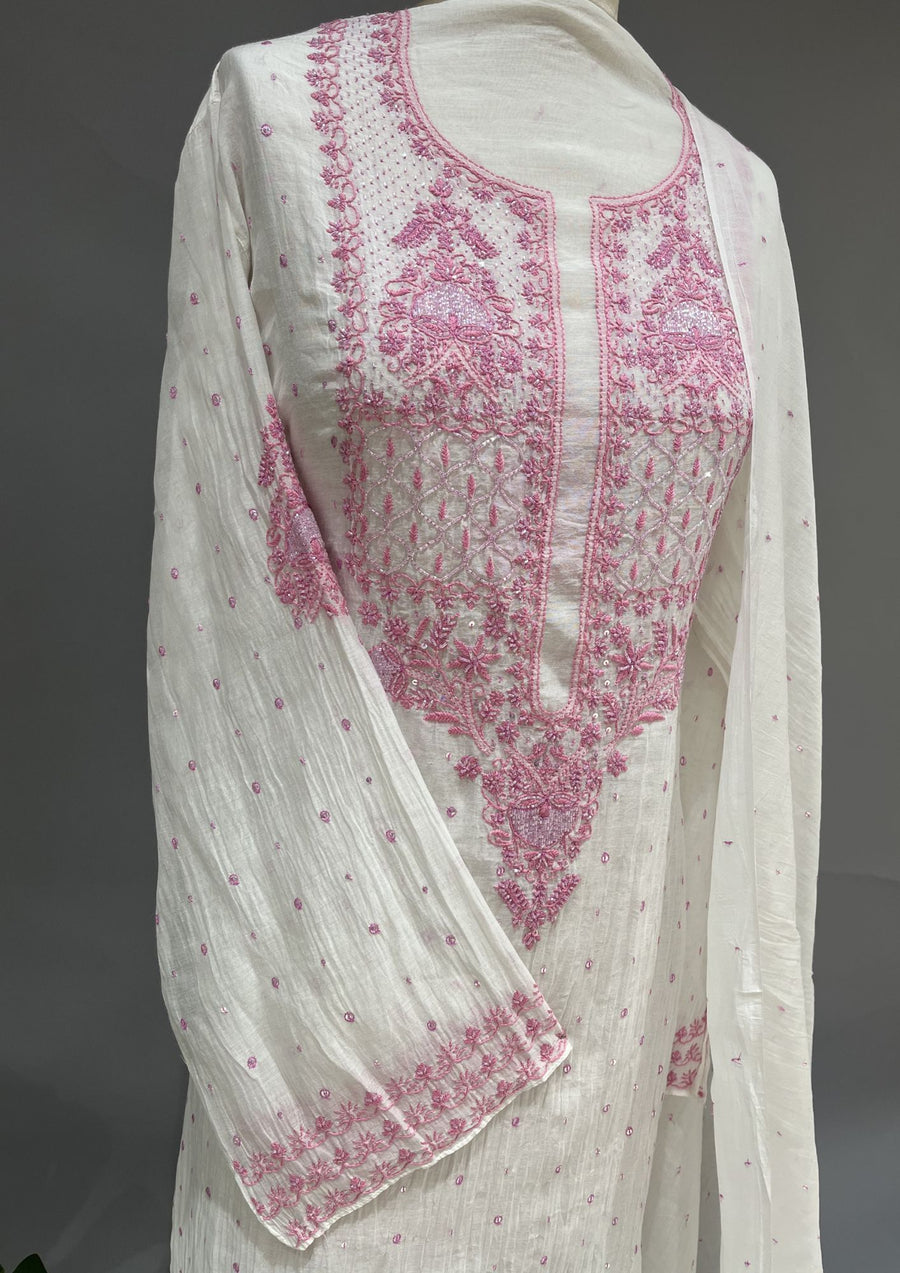 Mul Chanderi Chikankari Unstitch 2pc Suit - White & Pink