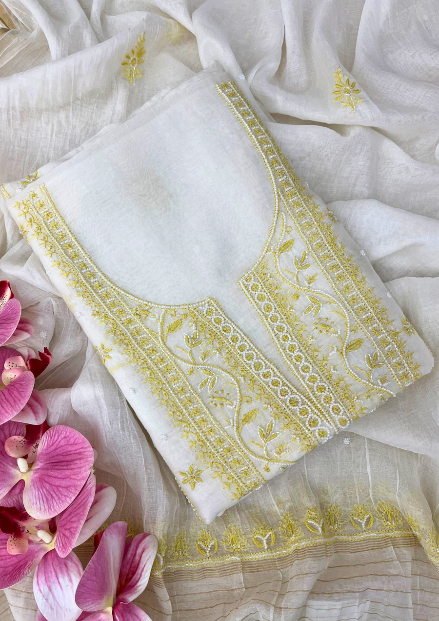 Chikankari Mul Chanderi Unstitched Suit - White and Yellow