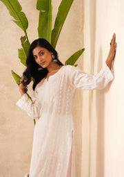 Muslin Chikankri Long Kurti - Light Cream