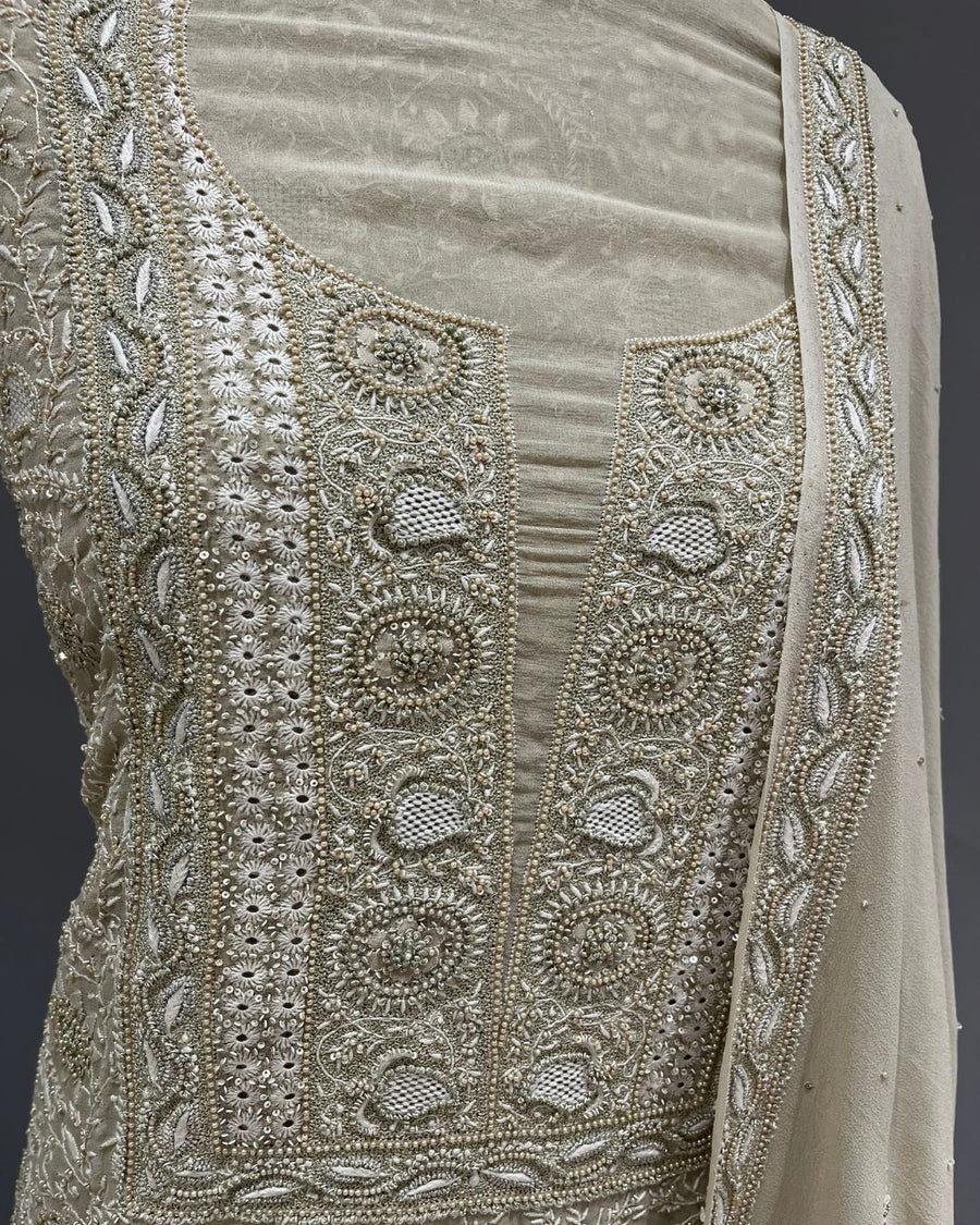 Pure Georgette Chikankari Unstitched 2pc Suit - Soft Beige