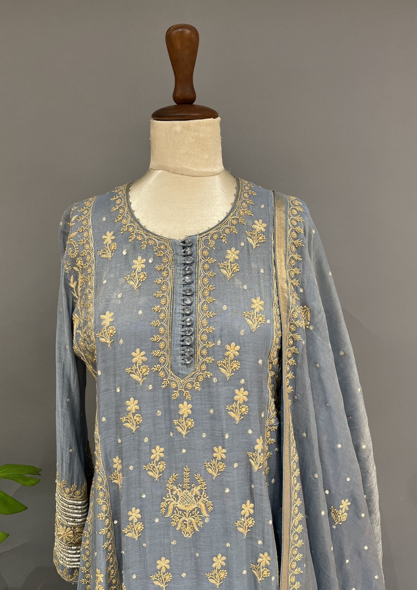 Tissue Chikankari Anarkali Set - Cornflower Blue
