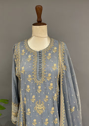 Tissue Chikankari Anarkali Set - Cornflower Blue