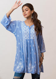 Modal Chikankari Short Kurti - Carolina Blue