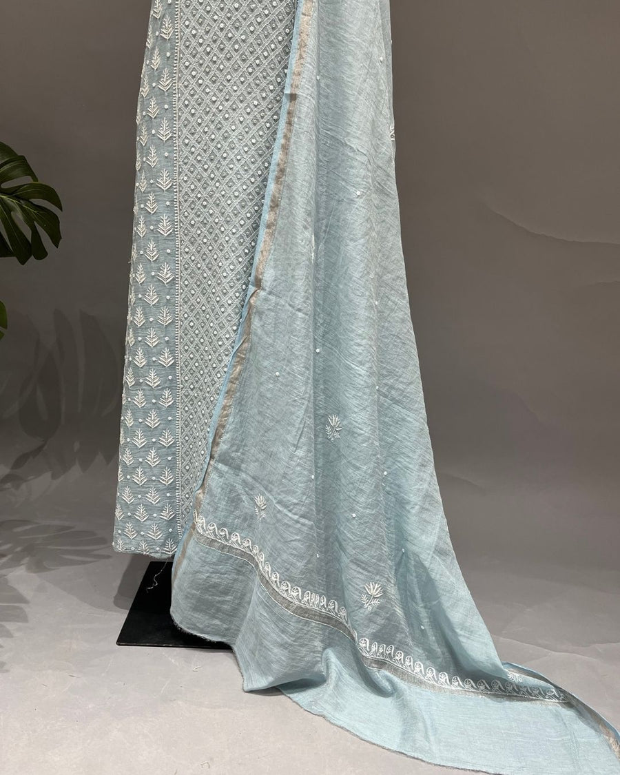 Tissue Chikankari Unstitch 2pc Suit - Powder Blue