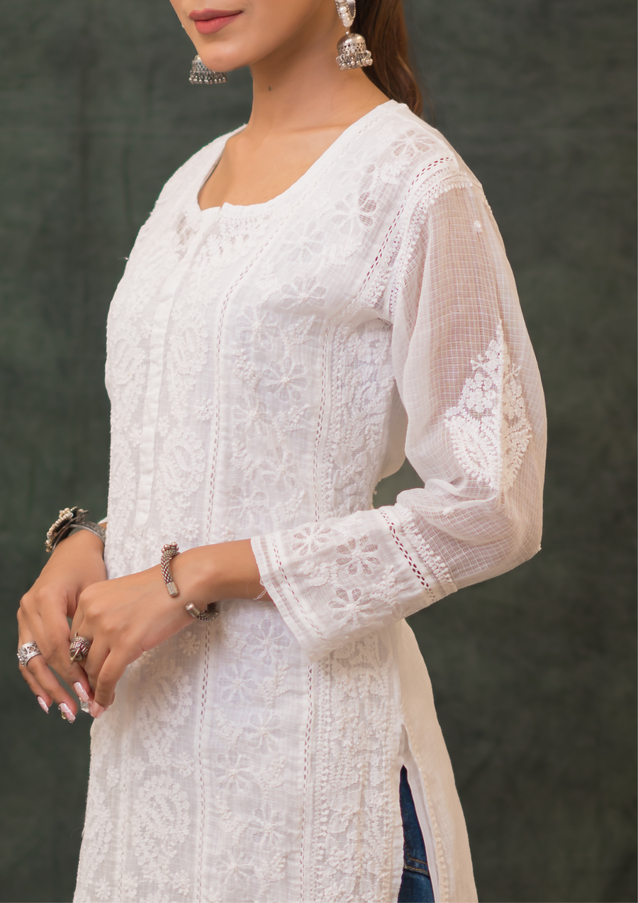 Kota Chikankari Long Kurti - Serene White