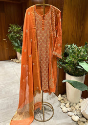 Tissue A-line Suit Set with Jaali - Burnt orange