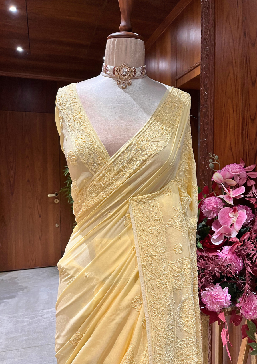 Chikankari Vescouse Saree - Sunshine Yellow