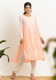 Georgette Chikankari Straight Kurta - Tropical Peach