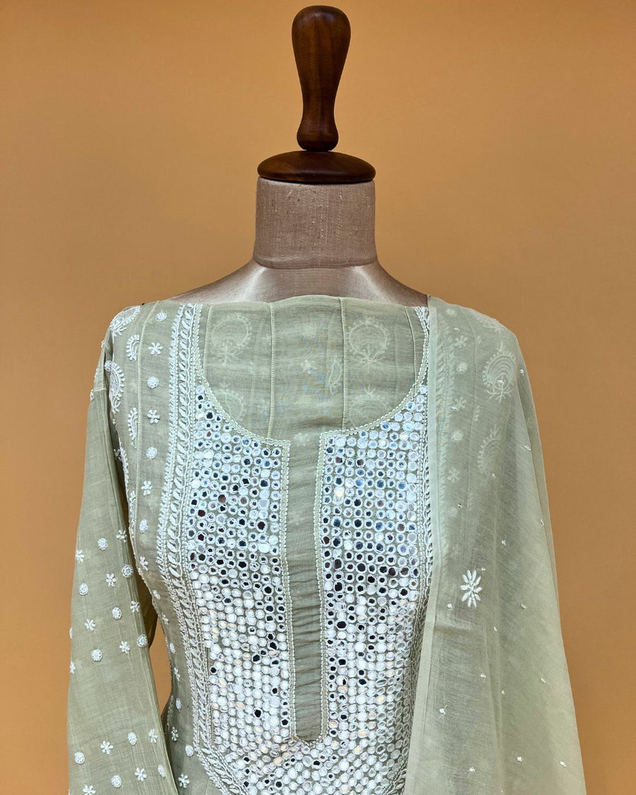 Mul Chikankari Unstitched Anarkali - Sage Green
