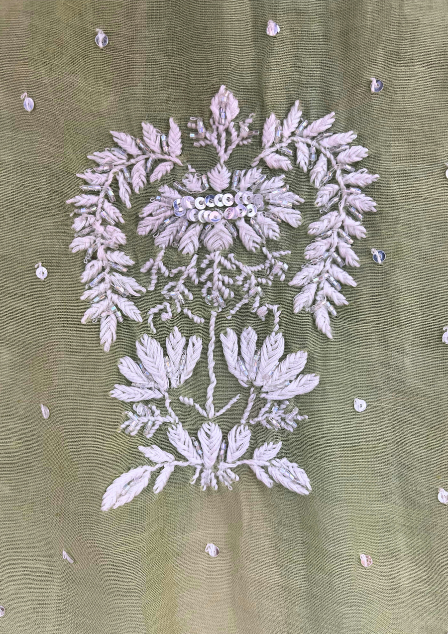 Chikankari Semistitched Mul Chanderi Co-ord Set - Sage Green
