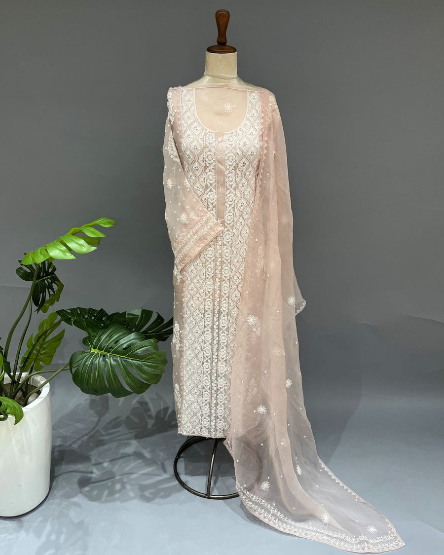 Organza Chikankari Unstitch 2pc Suit - Nude Pink