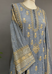 Tissue Chikankari Anarkali Set - Cornflower Blue