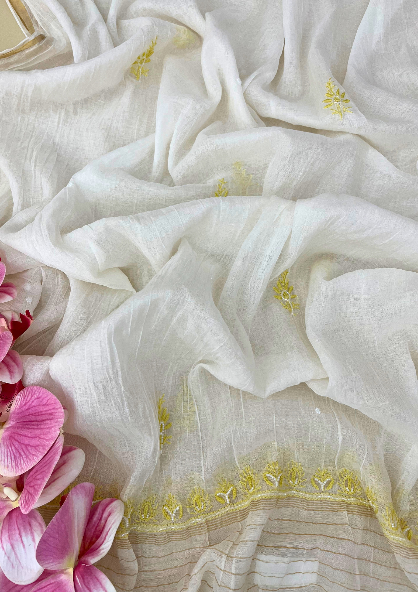 Chikankari Mul Chanderi Unstitched Suit - White and Yellow