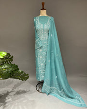 Mul Chanderi Chikankari Unstitched 2pc Suit - Pacific Blue