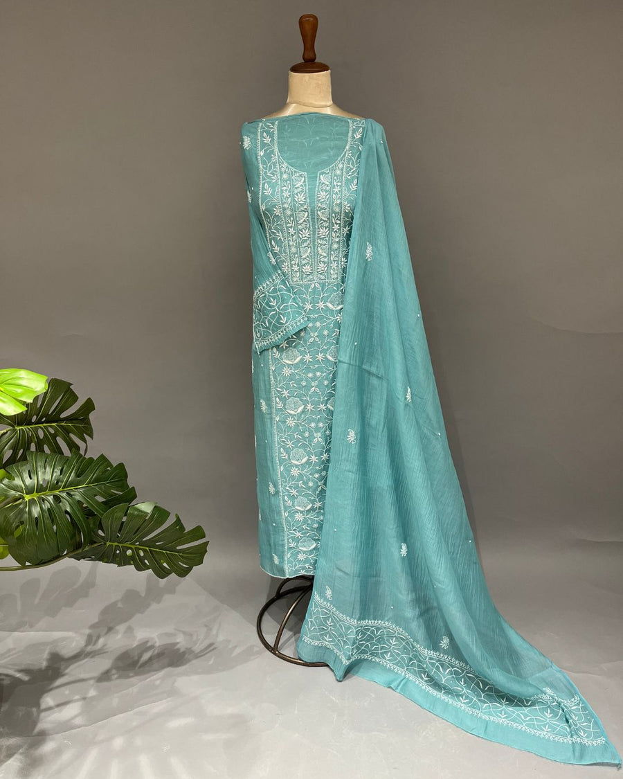 Mul Chanderi Chikankari Unstitched 2pc Suit - Pacific Blue