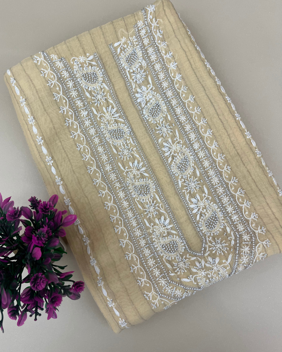 Mul Chanderi Chikankari Unstitched Mens Kurta - Beige