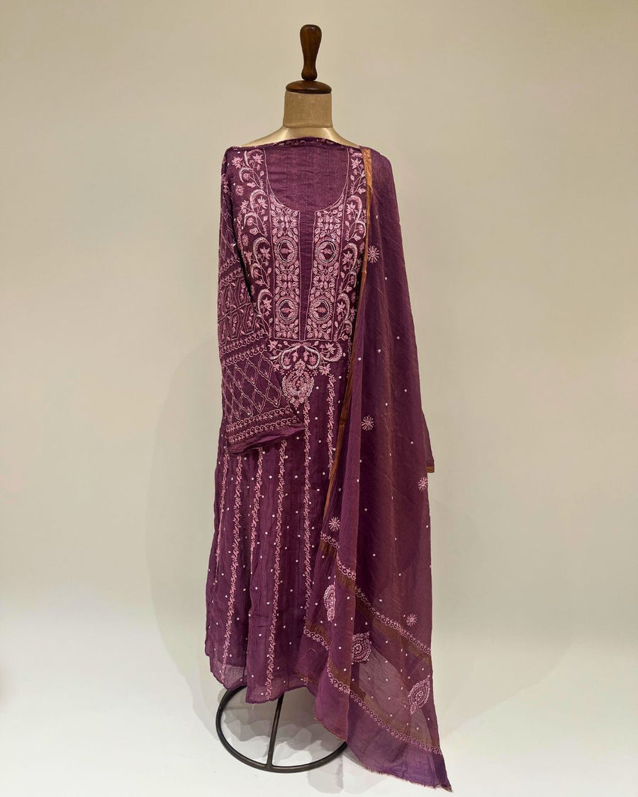 Tissue Chikankari Unstitched Anarkali - Plum Wine