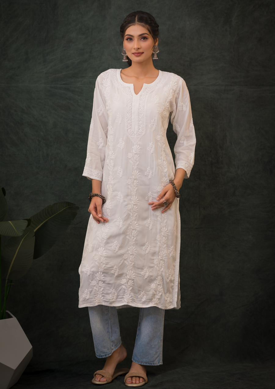 Modal Chikankari Long Kurti - Pure White