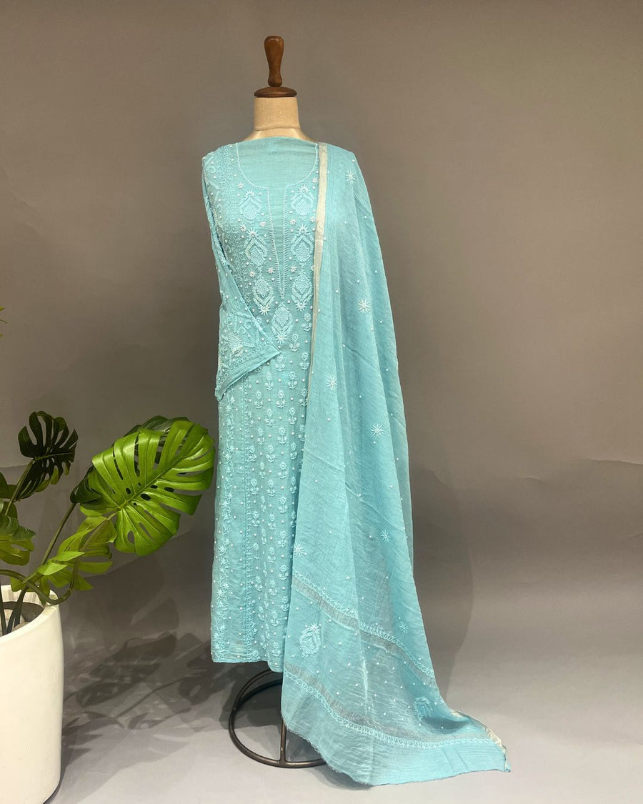Tissue Chikankari Unstitch 2pc Suit - Capri Blue