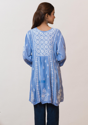 Modal Chikankari Short Kurti - Carolina Blue