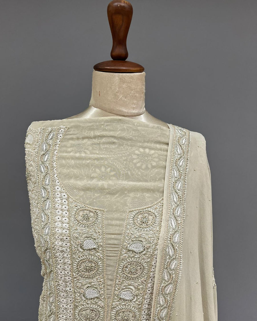 Pure Georgette Chikankari Unstitched 2pc Suit - Soft Beige