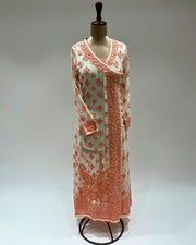Georgette Anarkali Chikankari Kurta - White & Orange
